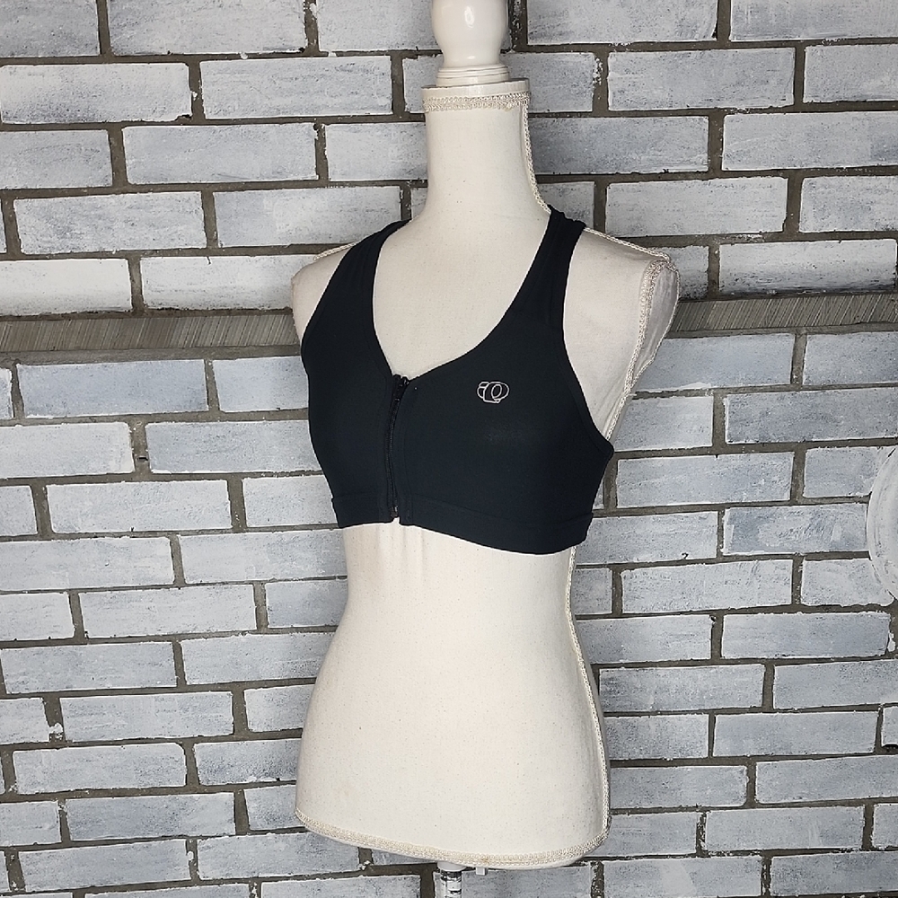 PEARL IZUMI Women's Front Zip Racerback Sports Bra Small Black Logo Active Wear